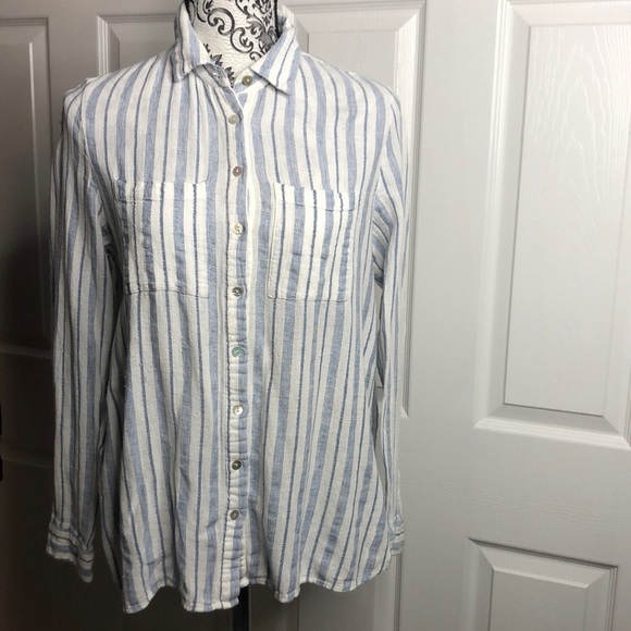 Sundance Shirt Linen Blend Stripe Blue White Button Up Shirt M - Picture 1 of 6